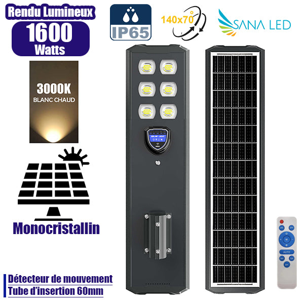 Lampe de rue solaire - Série STARSHIP ULTRA BLACK - Rendu lumineux 1600 Watts - 4400 Lumens - 3000k - Angle 140*70° - IP65 - Structure aluminium - Dimensions 98 x 22 x 8 cm - Tube 60mm - Contrôle intelligent - Détecteur de mouvement - Télécommande