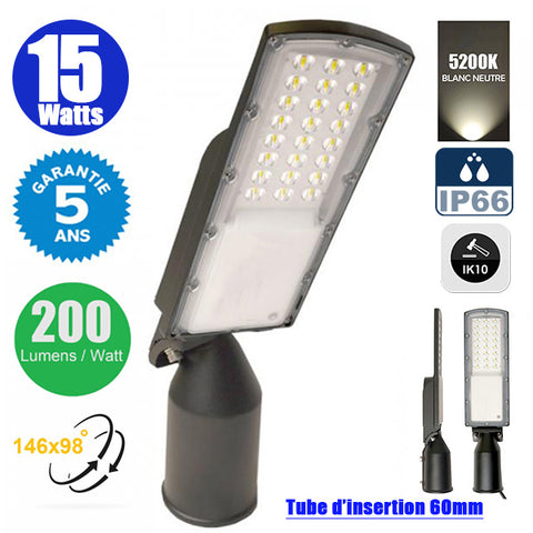 Lampe de rue filaire - Série STAR200 - 15 Watts - 3000 Lumens - 200 Lumens/Watt - Angle 146° x 98° - IP66 - 5200K - 44 x 11 x 8 cm - Tube d'insertion 60mm - Lentilles en PMMA - Support ajustable - Structure en ALUMINIUM - Garantie 5 ans