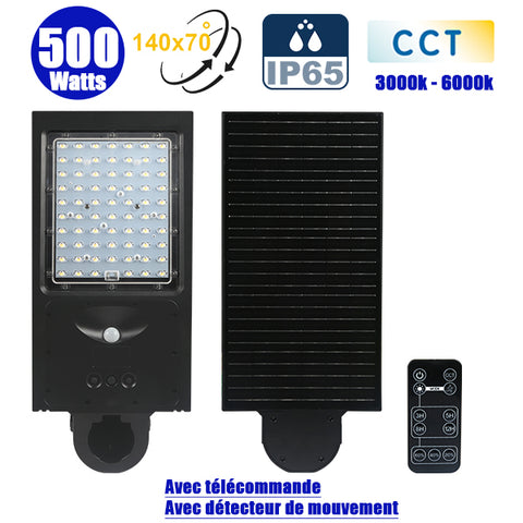 Lampe de rue et parking Solaire - Série STREET EVO V2 – Rendu lumineux 500 Watts - 4800 Lumens - CCT - 140x70° - Télécommande - Détecteur de mouvement - Diamètre d’insertion 60 mm - 52 x 23 x 10 cm – Installation sur mât et murale
