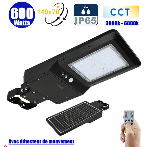 Lampe de rue et parking Solaire - Série STREET EVO V2 – Rendu lumineux 600 Watts - 6000 Lumens - CCT 3000k/4000k/6000k Ajustable - IP65 - 140x70° - 71 x 29 x 7 cm - Tube d'insertion 50-60mm - Télécommande - Détecteur de mouvement