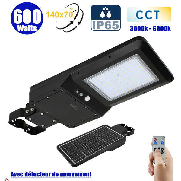 Lampe de rue et parking Solaire - Série STREET EVO V2 – Rendu lumineux 600 Watts - 6000 Lumens - CCT 3000k/4000k/6000k Ajustable - IP65 - 140x70° - 71 x 29 x 7 cm - Tube d'insertion 50-60mm - Télécommande - Détecteur de mouvement