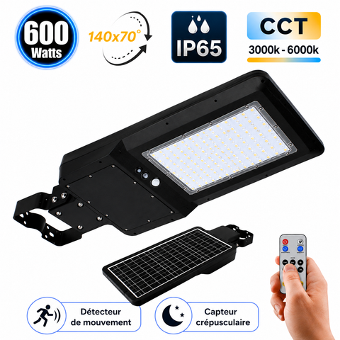 Lampe de rue et parking Solaire - Série STREET EVO V2 – Rendu lumineux 600 Watts - 6000 Lumens - CCT 3000k/4000k/6000k Ajustable - IP65 - 140x70° - 71 x 29 x 7 cm - Tube d'insertion 45-50mm - Télécommande - Détecteur de mouvement