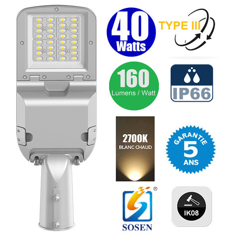 Lampadaires LED Filaire Rotatif - Série FLEX EVO - 40 Watts - 6400 Lumens - 160 Lumens/Watt - Angle TPIII - IP66 - IK08 - 49 x 17 x 10 cm - 2700k - Transformateur SOSEN - Tube d'insertion 60mm - Garantie 5 ans