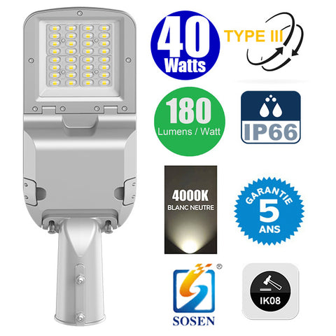 Lampadaire LED Filaire Rotatif - Série FLEX EVO - 40 Watts - 7200 Lumens - 180 Lumens/Watt - Angle TPIII - IP66 - IK08 - 49 x 17 x 10 cm - 4000k - Transformateur SOSEN - Tube d'insertion 60mm - Garantie 5 ans