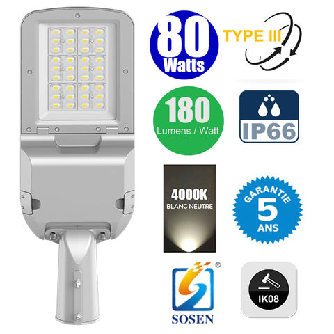 Lampadaire LED Filaire Rotatif - Série FLEX EVO - 80 Watts - 14 400 Lumens - 180 Lumens/Watt - Angle TPIII - IP66 - IK08 - 56 x 20 x 10 cm - 4000k - Transformateur SOSEN - Tube d'insertion 60mm - Garantie 5 ans