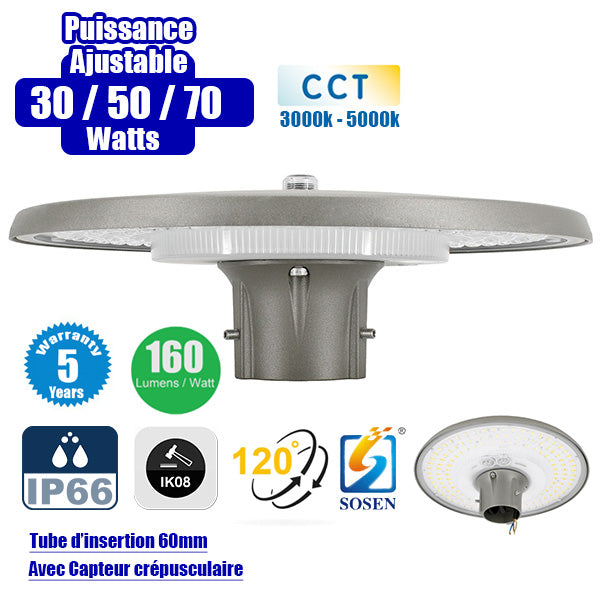 Lampe de jardin et parking filaire - Série GARDIENNA - CCT - Puissance Ajustable 30 / 50 / 70 Watts - Jusqu'à 10 800 Lumens - IP66 - IK08 - Angle 120° - Tube d'insertion 60mm - Couleur GRIS - Avec CAPTEUR CREPUSCULAIRE - Garantie 5 ans
