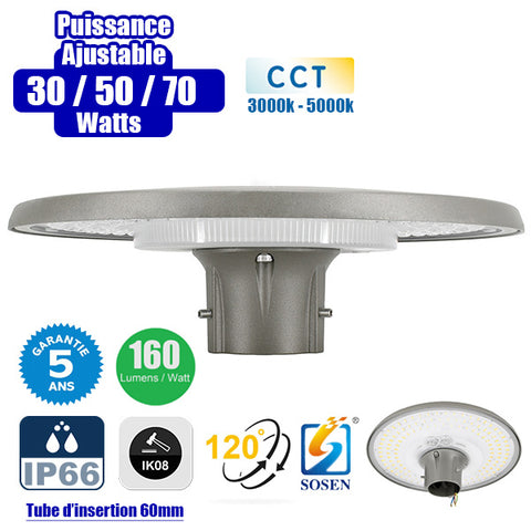 Lampe de jardin et parking filaire - Série GARDIENNA - CCT (Couleur Changeante en Température) - Puissance Ajustable 30 / 50 / 70 Watts - Jusqu'à 10 800 Lumens - IP66 - IK08 - Angle 120° - Tube d'insertion 60mm - Couleur GRIS - Garantie 5 ans
