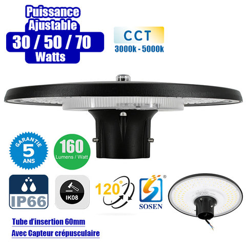 Lampe de jardin et parking filaire - Série GARDIENNA - CCT - Puissance Ajustable 30 / 50 / 70 Watts - Jusqu'à 10 800 Lumens - IP66 - IK08 - Angle 120° - Tube d'insertion 60mm - Avec CAPTEUR CREPUSCULAIRE - Couleur NOIR - Garantie 5 ans