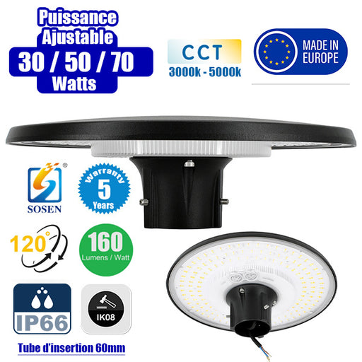 Lampe de jardin et parking filaire - Série GARDIENNA - CCT (Couleur Changeante en Température) - Puissance Ajustable 30 / 50 / 70 Watts - Jusqu'à 10 800 Lumens - IP66 - IK08 - Angle 120° - Tube d'insertion 60mm - Couleur NOIR - Garantie 5 ans