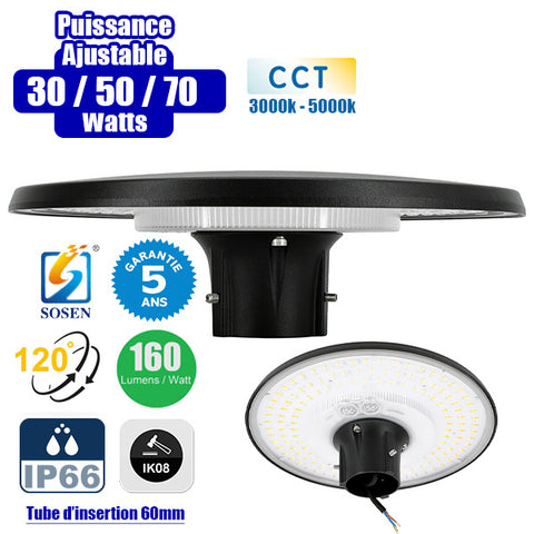 Lampe de jardin et parking filaire - Série GARDIENNA - CCT (Couleur Changeante en Température) - Puissance Ajustable 30 / 50 / 70 Watts - Jusqu'à 10 800 Lumens - IP66 - IK08 - Angle 120° - Tube d'insertion 60mm - Couleur NOIR - Garantie 5 ans