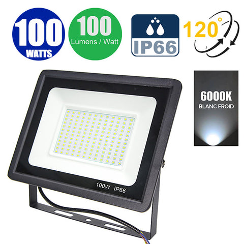 Projecteur LED filaire - Série PAD - 100 Watts - 10 000 Lumens - 100 Lumens/Watt - Angle 120° - IP66 - 24 x 16 x 3 cm - Modèle noir - 6000k