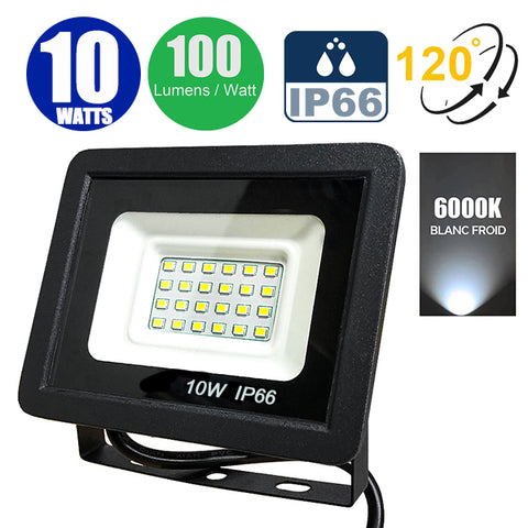 Projecteur LED filaire - Série PAD - 10 Watts - 1000 Lumens - 100 Lumens/Watt - Angle 120° - IP66 - 10 x 7 x 3 cm - Modèle noir - 6000k