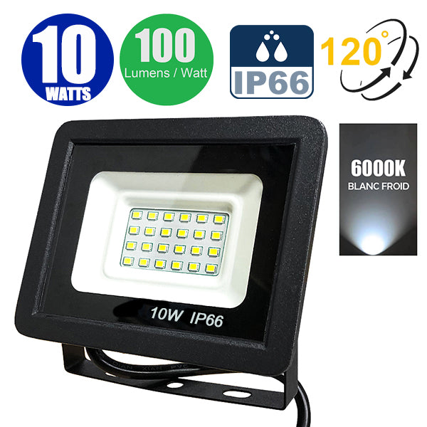 Projecteur LED filaire - Série PAD - 10 Watts - 1000 Lumens - 100 Lumens/Watt - Angle 120° - IP66 - 10 x 7 x 3 cm - Modèle noir - 6000k