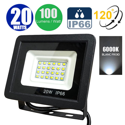 Projecteur LED filaire - Série PAD - 20 Watts - 2000 Lumens - 100 Lumens/Watt - Angle 120° - IP66 - 13 x 8 x 3 cm - Modèle noir - 6000k