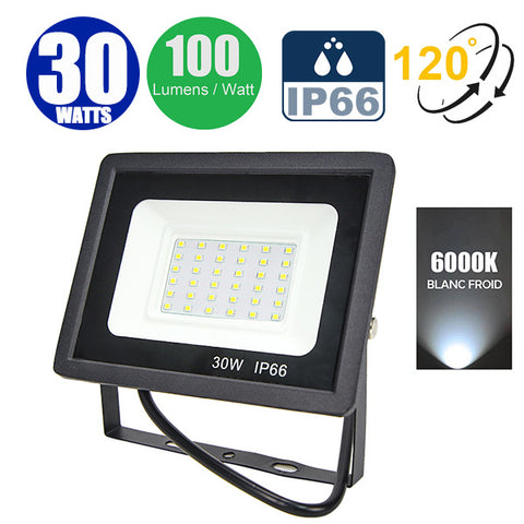 Projecteur LED filaire - Série PAD - 30 Watts - 3000 Lumens - 100 Lumens/Watt - Angle 120° - IP66 - 15 x 10 x 3 cm - Modèle noir - 6000k