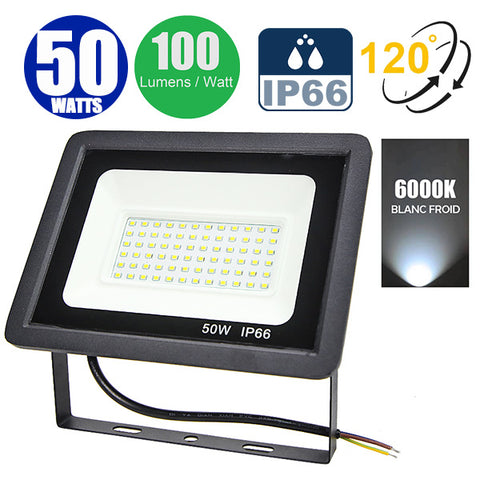 Projecteur LED filaire - Série PAD - 50 Watts - 5000 Lumens - 100 Lumens/Watt - Angle 120° - IP66 - 17 x 12 x 3 cm - Modèle noir - 6000k