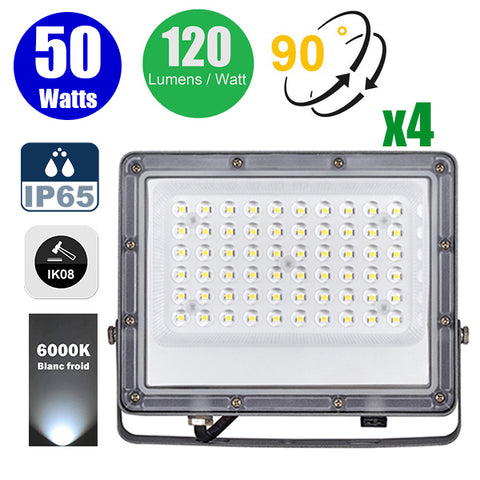 Pack de 4x Projecteurs LED filaires - Série PERLE V2 - 50 Watts - 6000 Lumens - 120 Lumens/Watt - Angle 90° - IP65 - 6000K - 228 x 180 x 25 mm