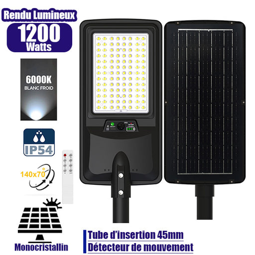 Lampe de rue LED solaire - Série VIEW V2 EVO  - 1200 Watts - 3600 Lumens - 6000k - Angle 140*70° - IP54 - 64 x 26 x 7 cm - Panneau Monocristallin - Batterie 20Ah - Détecteur de mouvement - Télécommande - Tube d'insertion 45mm