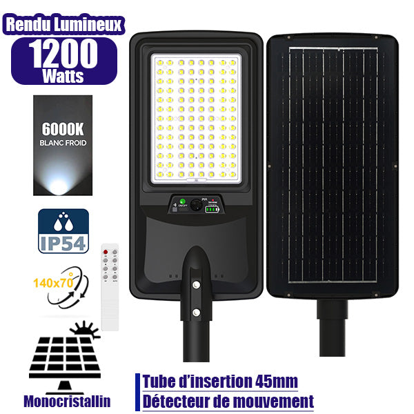 Lampe de rue LED solaire - Série VIEW V2 EVO  - 1200 Watts - 3600 Lumens - 6000k - Angle 140*70° - IP54 - 64 x 26 x 7 cm - Panneau Monocristallin - Batterie 20Ah - Détecteur de mouvement - Télécommande - Tube d'insertion 45mm