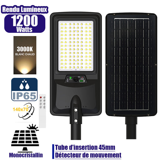 Lampe de rue LED solaire - Série VIEW V2 EVO  - 1200 Watts - 3600 Lumens - 3000k - Angle 140*70° - IP65 - 64 x 26 x 7 cm - Panneau Monocristallin - Batterie 20Ah - Détecteur de mouvement - Télécommande - Tube d'insertion 45mm
