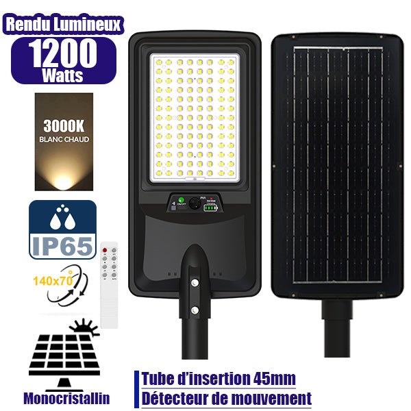 Lampe de rue LED solaire - Série VIEW V2 EVO  - 1200 Watts - 3600 Lumens - 3000k - Angle 140*70° - IP65 - 64 x 26 x 7 cm - Panneau Monocristallin - Batterie 20Ah - Détecteur de mouvement - Télécommande - Tube d'insertion 45mm