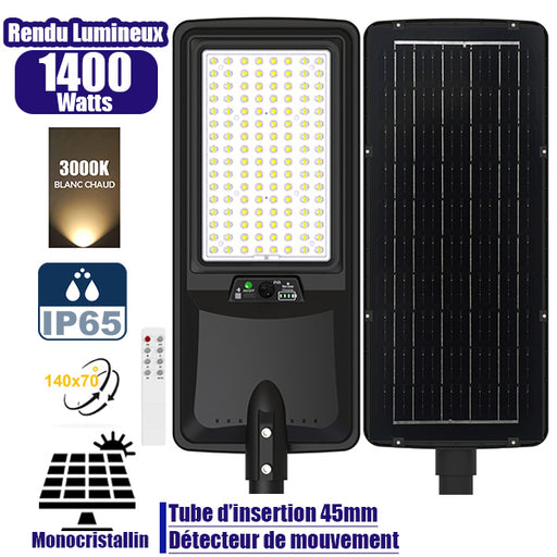 Lampe de rue LED solaire - Série VIEW V2 EVO - 1400 Watts - 4500 Lumens - 3000k - Angle 140*70° - IP65 - 64 x 26 x 7 cm - Panneau Monocristallin - Batterie 25Ah - Détecteur de mouvement - Télécommande - Tube d'insertion 45mm