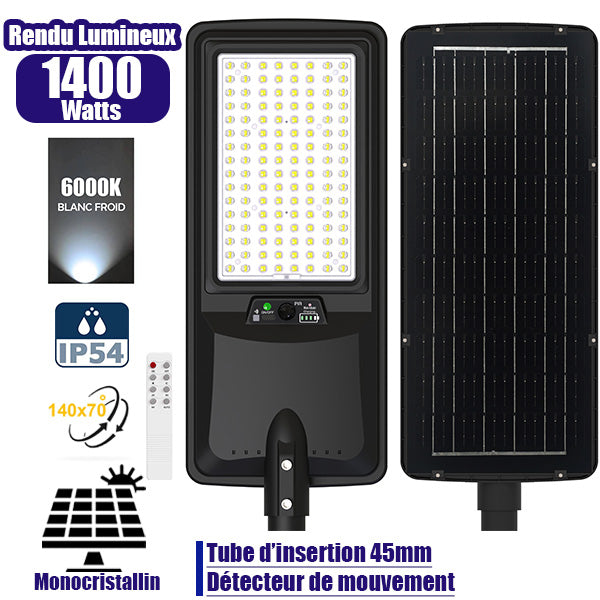 Lampe de rue LED solaire - Série VIEW V2 EVO - 1400 Watts - 4500 Lumens - 6000k - Angle 140*70° - IP54 - 64 x 26 x 7 cm - Panneau Monocristallin - Batterie 25Ah - Détecteur de mouvement - Télécommande - Tube d'insertion 45mm