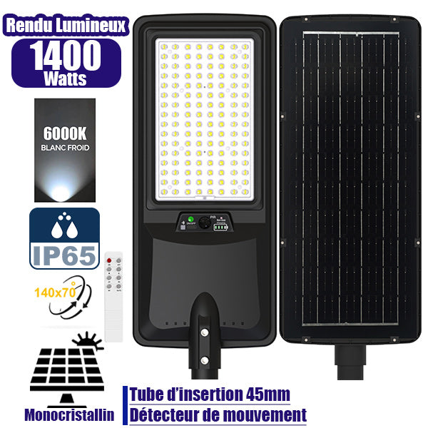 Lampe de rue LED solaire - Série VIEW V2 EVO - 1400 Watts - 4500 Lumens - 6000k - Angle 140*70° - IP65 - 64 x 26 x 7 cm - Panneau Monocristallin - Batterie 25Ah - Détecteur de mouvement - Télécommande - Tube d'insertion 45mm