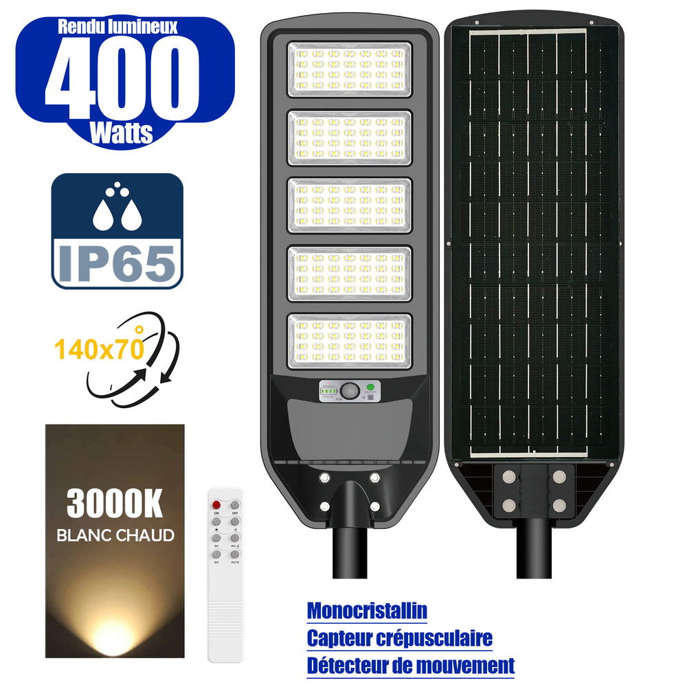 Solaire - Luminaire LED pour Candélabre / Lampe de rue et parking - Série VIEW V2 - 400 Watts - 2700 Lumens - Angle 140*70° - IP65 - Lampe 72 x 25 x 5 cm - Panneau MONOCRISTALLIN - 61 x 23 cm - Détecteur de mouvement - 3000k - Tube d'insertion 45mm