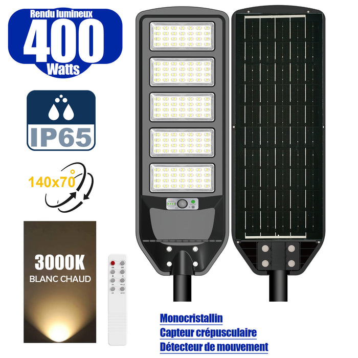 Solaire - Luminaire LED pour Candélabre / Lampe de rue et parking - Série VIEW V2 - 400 Watts - 2700 Lumens - Angle 140*70° - IP65 - Lampe 72 x 25 x 5 cm - Panneau MONOCRISTALLIN - 61 x 23 cm - Détecteur de mouvement - 3000k - Tube d'insertion 45mm