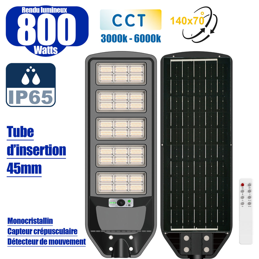 Solaire - Luminaire LED pour Candélabre / Lampe de rue et parking - Série VIEW V3 CCT (Couleur Changeante en Température) - 800 Watts - 3500 Lumens - Angle 140*70° - IP65 - Lampe 72 x 25 x 5 cm - Panneau MONOCRISTALLIN 61 x 23 cm - Détecteur de mouvement