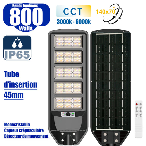 Solaire - Luminaire LED pour Candélabre / Lampe de rue et parking - Série VIEW V3 CCT (Couleur Changeante en Température) - 800 Watts - 3500 Lumens - Angle 140*70° - IP65 - Lampe 72 x 25 x 5 cm - Panneau MONOCRISTALLIN 61 x 23 cm - Détecteur de mouvement