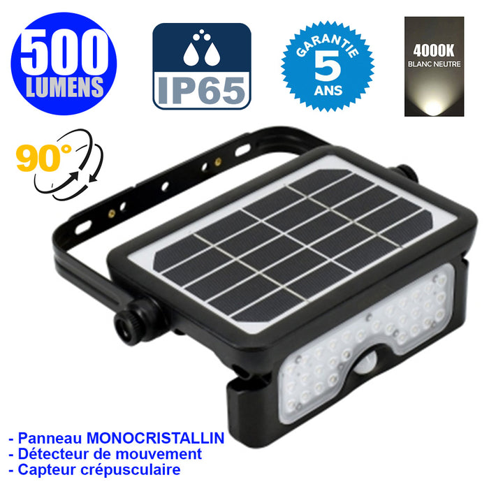 Projecteur LED solaire avec détecteur de mouvement - Série SOFT V1 - 500 Lumens - 23 x 15 x 4 cm - Angle 90° - IP65 - 4000k - Panneau solaire MONOCRISTALLIN - Avec détecteur de mouvement - Garantie 5 ans