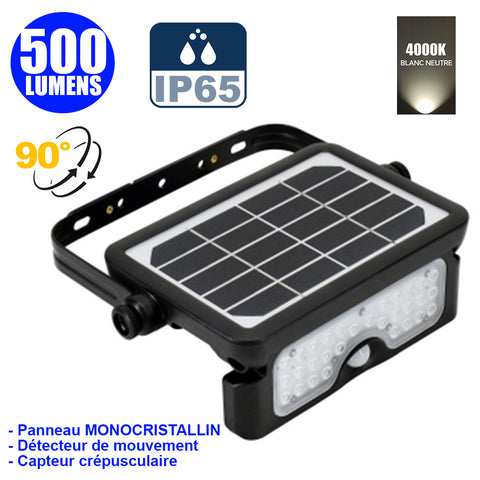 Projecteur LED solaire avec détecteur de mouvement - Série SOFT V1 - 500 Lumens - 23 x 15 x 4 cm - Angle 90° - IP65 - 4000k - Panneau solaire MONOCRISTALLIN - Avec détecteur de mouvement