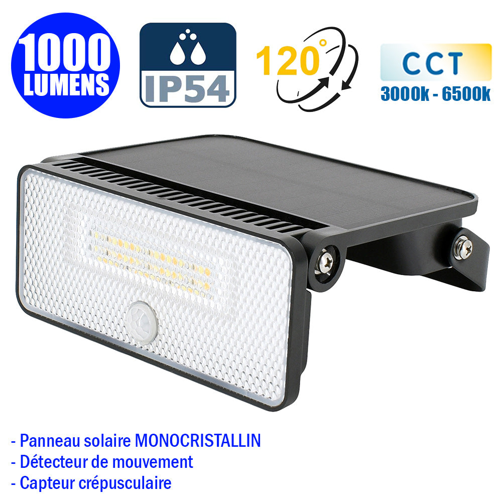 Projecteur LED solaire détecteur - Série SOFT V2 - 1000 Lumens - CCT (Couleur Changeante en Température) - Angle 120° - IP54 - 14 x 11 x 3 cm  - Panneau solaire MONOCRISTALLIN - Avec détecteur de mouvement - Capteur crépusculaire - 4 Modes