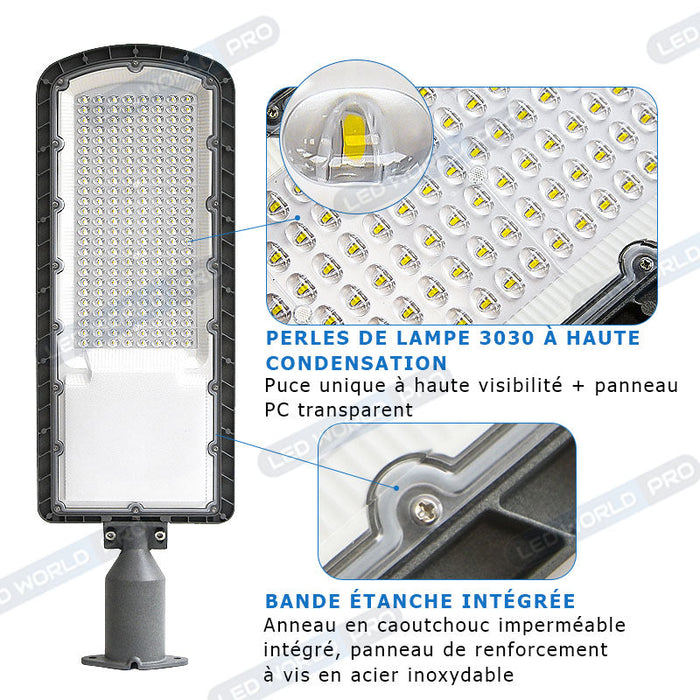 Pack lampadaire filaire complet 5 mètres : Lampe de rue filaire - Série FLEX ECO - 50 Watts - 3000k + Mât STANDARD - 5 mètres avec trappe
