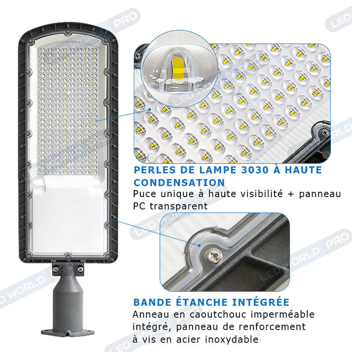 Pack lampadaire filaire complet triple tête 3 mètres : 3x Lampes de rue filaire - Série FLEX ECO - 150 Watts - 3000k + Mât STANDARD 3 mètres avec trappe au choix (STANDARD V2 EVO ou STANDARD V4 EVO) + Triple tête de mât perpendiculaire