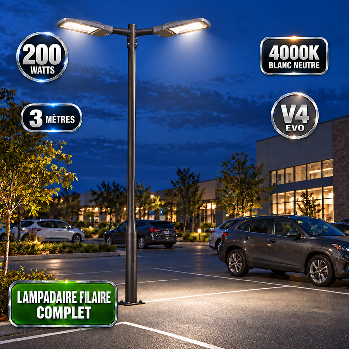 Pack lampadaire filaire complet double tête 3/4/5/6 mètres au choix : 2x Lampadaires LED filaires Série FLEX V4 + Mât STANDARD V4 EVO - Entraxe des trous 200mm - Noir ou Gris + Adaptateur en ligne ou perpendiculaire 80/60mm
