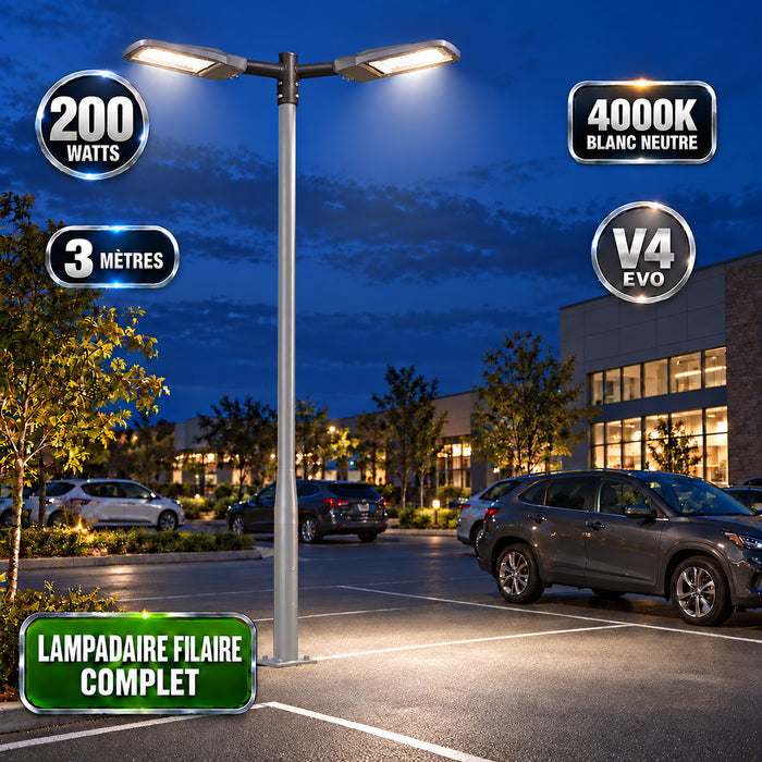 Pack lampadaire filaire complet double tête 3/4/5/6 mètres au choix : 2x Lampadaires LED filaires Série FLEX V4 + Mât STANDARD V4 EVO - Entraxe des trous 200mm - Noir ou Gris + Adaptateur en ligne ou perpendiculaire 80/60mm