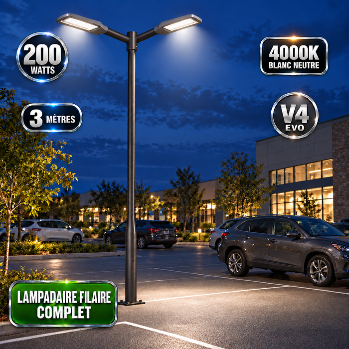 Pack lampadaire filaire complet double tête 3/4/5/6 mètres au choix : 2x Lampadaires LED filaires Série FLEX V4 + Mât STANDARD V4 EVO - Entraxe des trous 200mm - Noir ou Gris + Adaptateur en ligne ou perpendiculaire 80/60mm