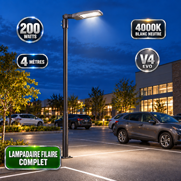 Pack lampadaire filaire complet 3/4/5/6 mètres au choix : Lampadaire LED filaire Série FLEX V4 + Mât STANDARD V4 EVO - Entraxe des trous 200mm - Noir ou Gris