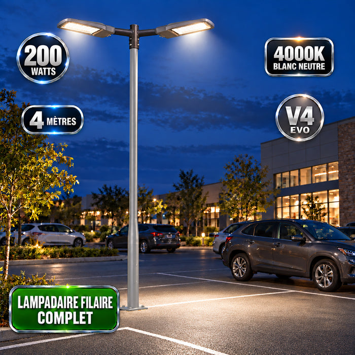 Pack lampadaire filaire complet double tête 3/4/5/6 mètres au choix : 2x Lampadaires LED filaires Série FLEX V4 + Mât STANDARD V4 EVO - Entraxe des trous 200mm - Noir ou Gris + Adaptateur en ligne ou perpendiculaire 80/60mm