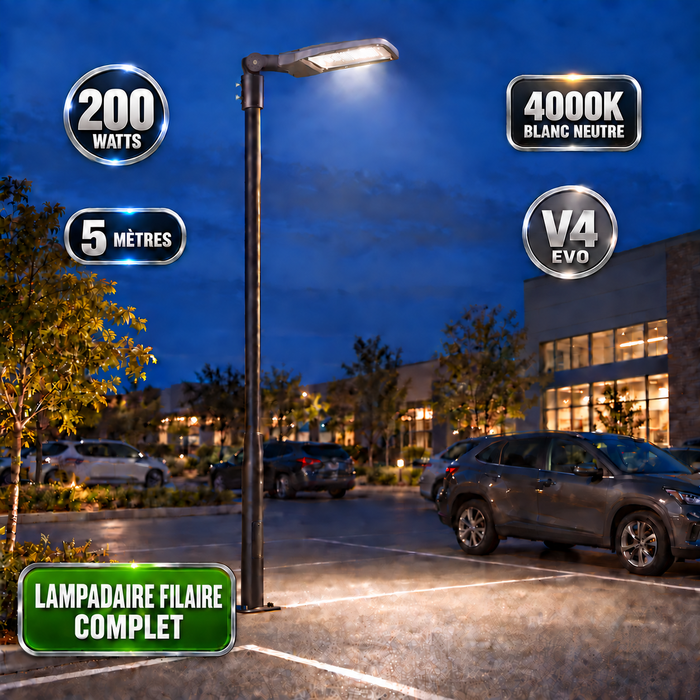 Pack lampadaire filaire complet 3/4/5/6 mètres au choix : Lampadaire LED filaire Série FLEX V4 + Mât STANDARD V4 EVO - Entraxe des trous 200mm - Noir ou Gris
