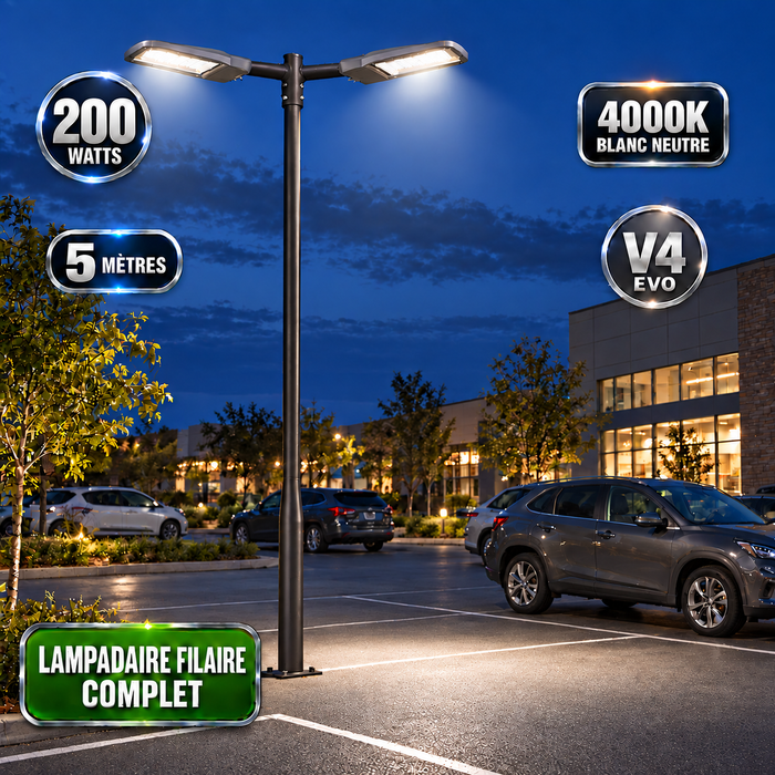 Pack lampadaire filaire complet double tête 3/4/5/6 mètres au choix : 2x Lampadaires LED filaires Série FLEX V4 + Mât STANDARD V4 EVO - Entraxe des trous 200mm - Noir ou Gris + Adaptateur en ligne ou perpendiculaire 80/60mm