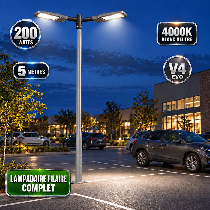 Pack lampadaire filaire complet double tête 3/4/5/6 mètres au choix : 2x Lampadaires LED filaires Série FLEX V4 + Mât STANDARD V4 EVO - Entraxe des trous 200mm - Noir ou Gris + Adaptateur en ligne ou perpendiculaire 80/60mm