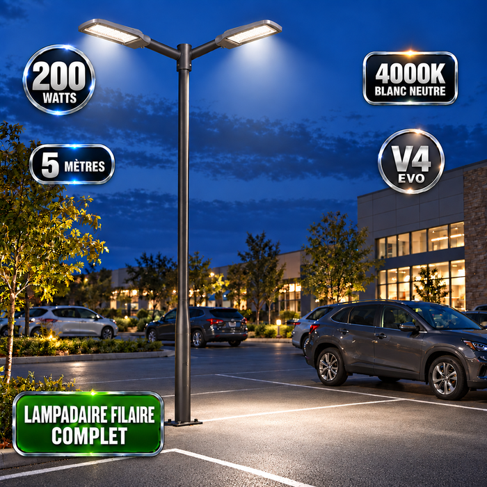 Pack lampadaire filaire complet double tête 3/4/5/6 mètres au choix : 2x Lampadaires LED filaires Série FLEX V4 + Mât STANDARD V4 EVO - Entraxe des trous 200mm - Noir ou Gris + Adaptateur en ligne ou perpendiculaire 80/60mm