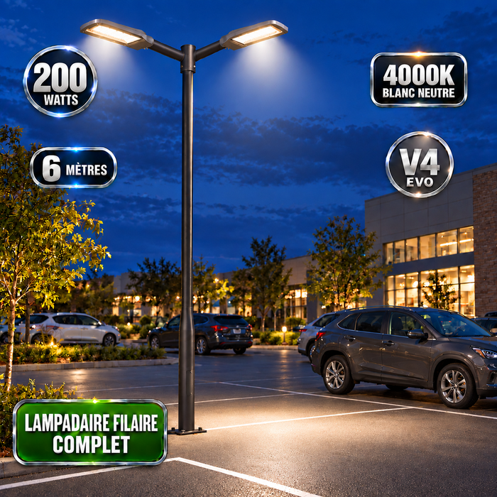 Pack lampadaire filaire complet double tête 3/4/5/6 mètres au choix : 2x Lampadaires LED filaires Série FLEX V4 + Mât STANDARD V4 EVO - Entraxe des trous 200mm - Noir ou Gris + Adaptateur en ligne ou perpendiculaire 80/60mm