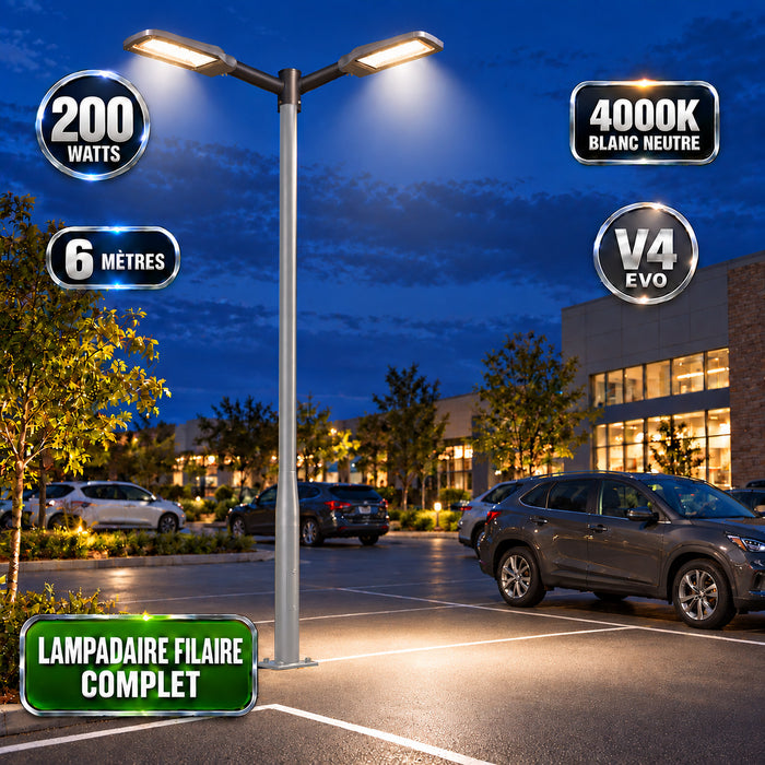 Pack lampadaire filaire complet double tête 3/4/5/6 mètres au choix : 2x Lampadaires LED filaires Série FLEX V4 + Mât STANDARD V4 EVO - Entraxe des trous 200mm - Noir ou Gris + Adaptateur en ligne ou perpendiculaire 80/60mm