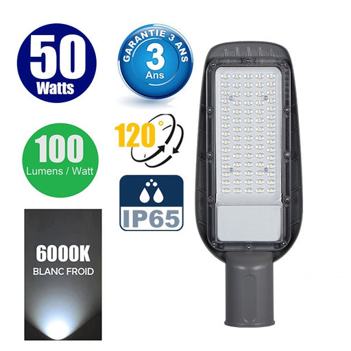Lampes de rue filaire - Série STREET ECO - 50 Watts - 5000 Lumens - 100 Lumens/Watt - Angle 120° - IP65 - 40 x 15 x 8 cm - Tube d'insertion 50mm - Garantie 3 ans