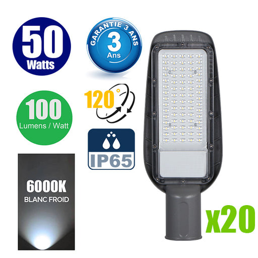 Pack de 20x Lampes de rue filaires - Série STREET ECO - 50 Watts - 5000 Lumens - 100 Lumens/Watt - Angle 120° - IP65 - 40 x 15 x 8 cm - Tube d'insertion 50mm - Garantie 3 ans